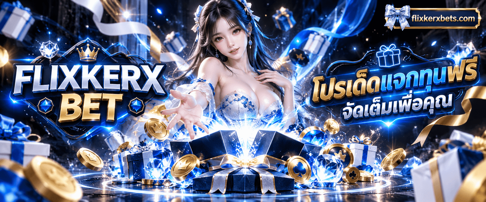 ภาพกล่องของขวัญโบว์สีแดงเปิดออกพร้อมแสงประกายรอบแบรนด์ FLIXKERX BET โปรเด็ดแจกทุนฟรี